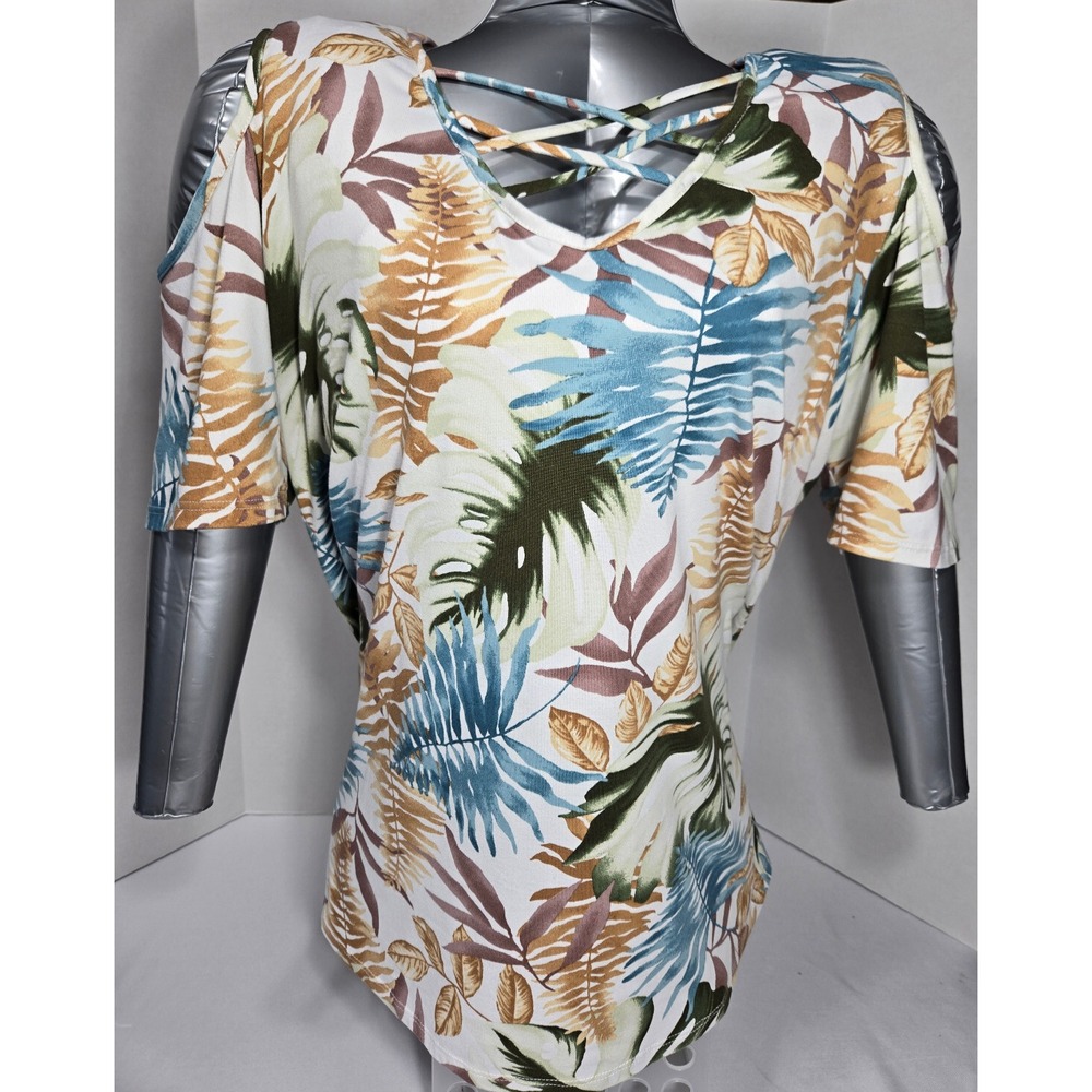 Womens Bare shoulder short sleeve lattice front stretch tropical shirt sz 3XL